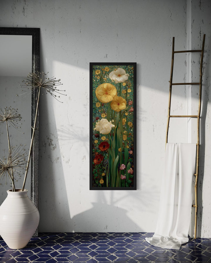 Tall narrow Art Nouveau floral framed canvas art with stained glass style on a white textured wall.