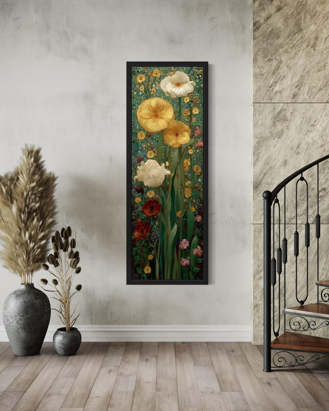Tall narrow Art Nouveau floral canvas art in a black frame, featuring gold and white flowers.
