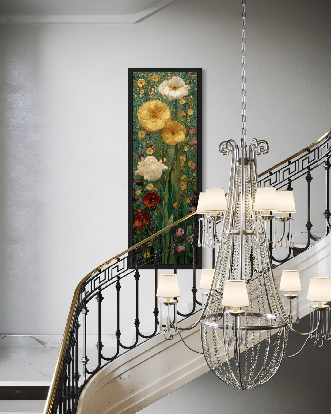 Tall narrow Art Nouveau floral framed canvas wall art in a stained glass style above a staircase.
