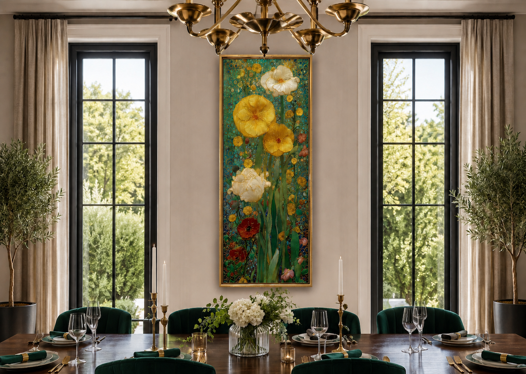 Tall narrow Art Nouveau flowers stained glass style framed canvas wall art in a dining room.