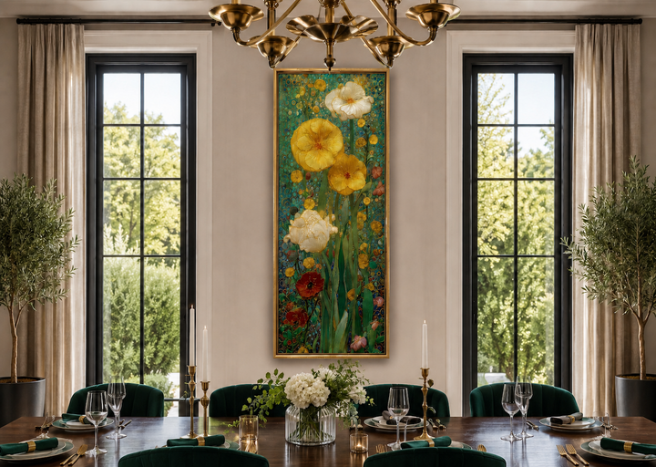 Tall narrow Art Nouveau flowers stained glass style framed canvas wall art in a dining room.