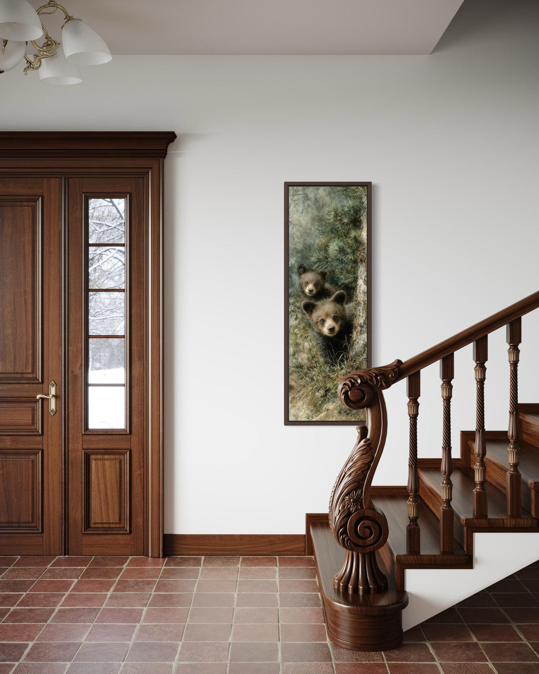 Tall narrow canvas wall art of two baby bear cubs peeking from a pine tree in a rustic home entryway.