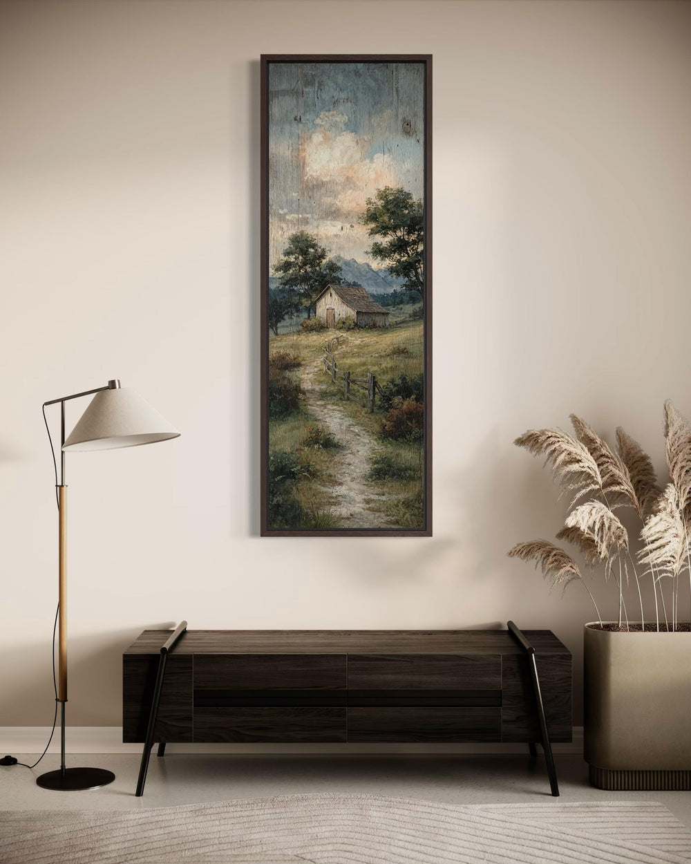 Tall narrow framed canvas print of a rustic barn and winding path in a country landscape.