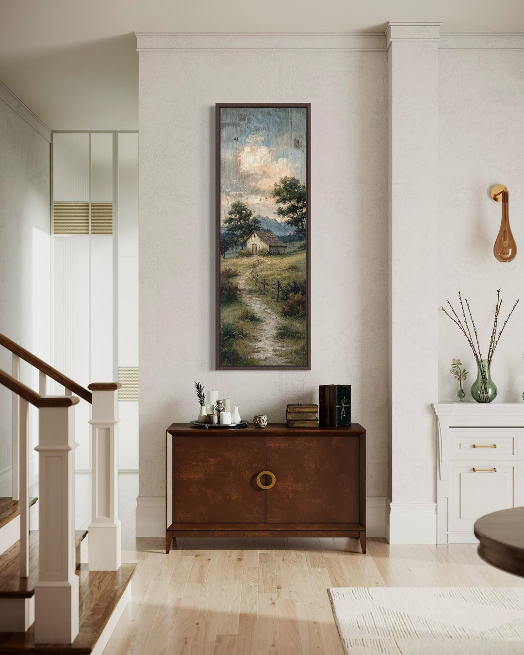 Tall narrow vertical canvas print of a rustic barn and country path in a dark wood frame.