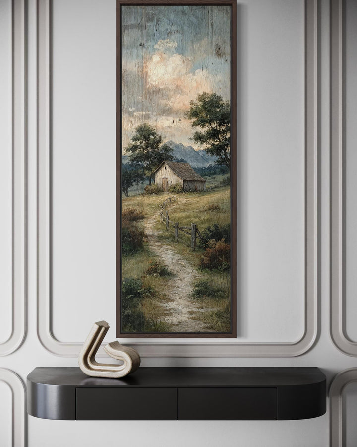 Tall narrow vertical canvas print of a rustic barn and winding path in a country landscape.