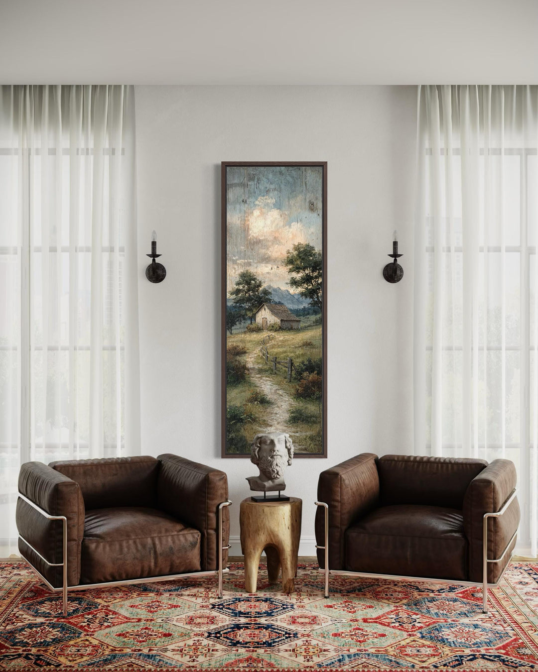 Tall narrow canvas print of a rustic barn and country path landscape in a vertical frame.