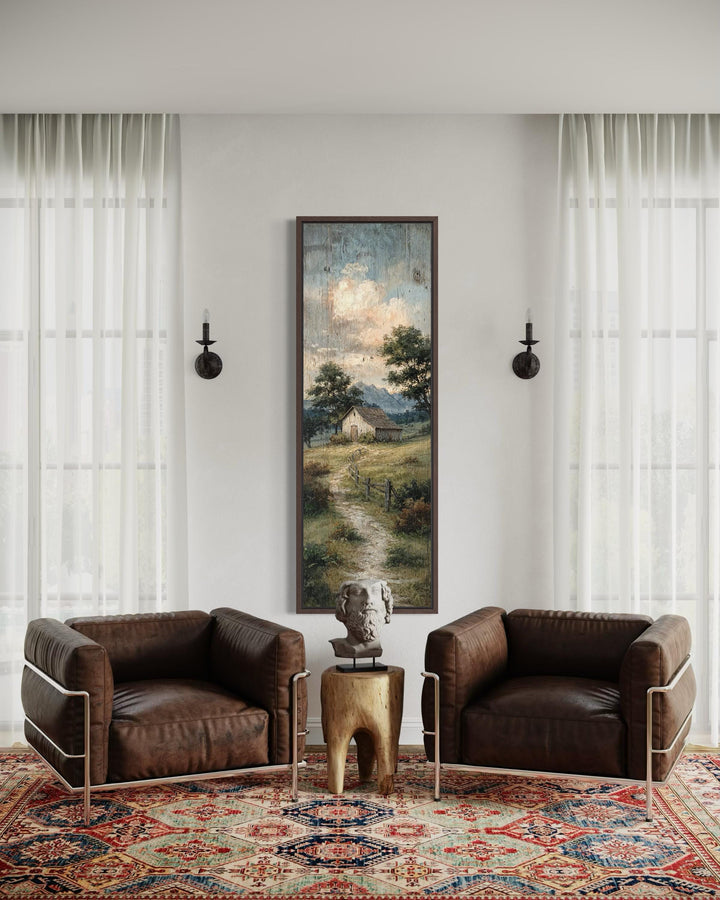 Tall narrow canvas print of a rustic barn and country path landscape in a vertical frame.