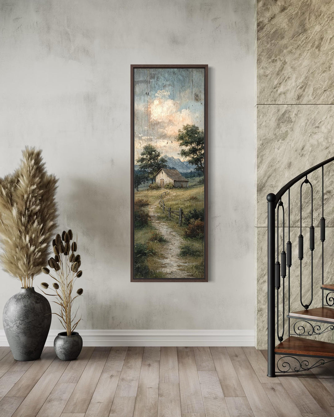 Tall narrow rustic barn landscape wall art with a winding country path in a dark wood frame.
