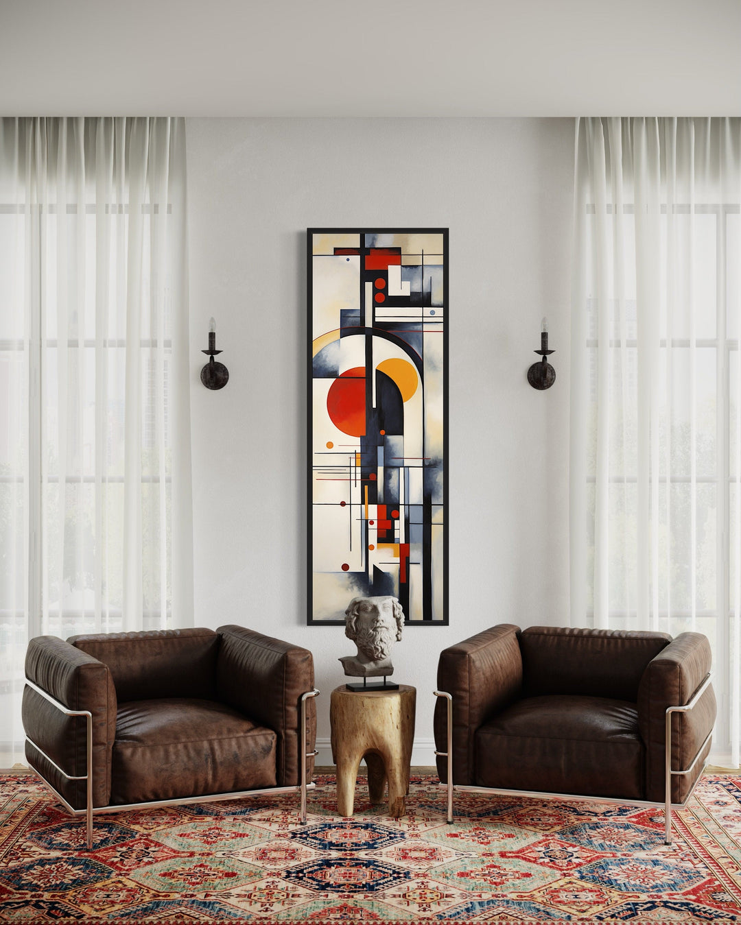 Tall Narrow Bauhaus Geometric Vertical Framed Canvas Wall Art