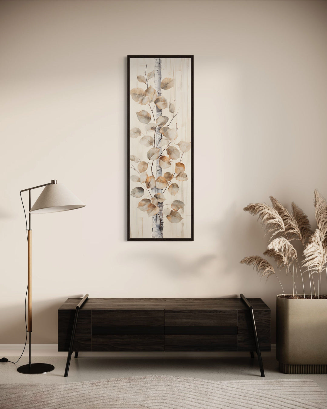 Tall Narrow Birch Tree Branch And Leaves Rustic Vertical Framed Canvas Wall Art