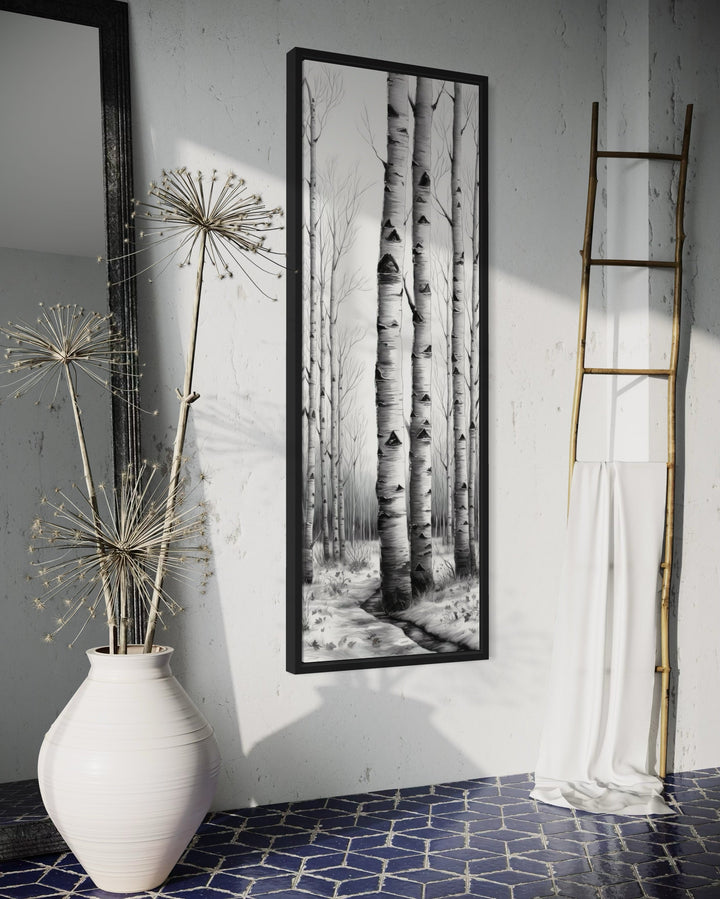 Rustic Cabin Wall Decor - Tall Narrow Birch Trees Black White Vertical Framed Canvas Wall Art