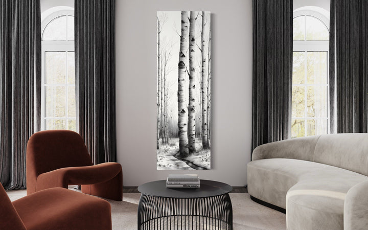 Tall Narrow Birch Trees Black White Vertical Framed Canvas Wall Art