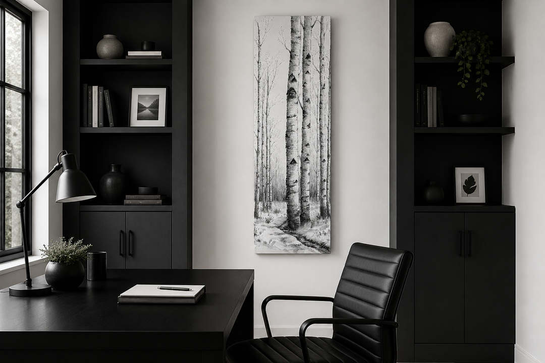 Tall narrow black and white vertical canvas wall art featuring birch trees in a modern home office.