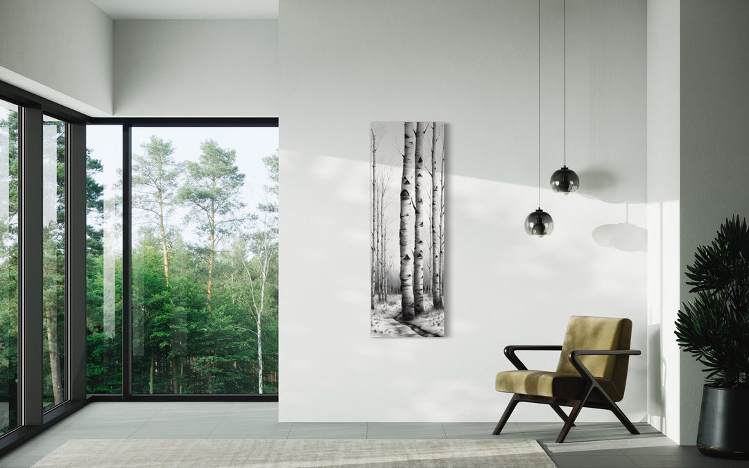 Rustic Cabin Wall Decor - Tall Narrow Birch Trees Black White Vertical Framed Canvas Wall Art