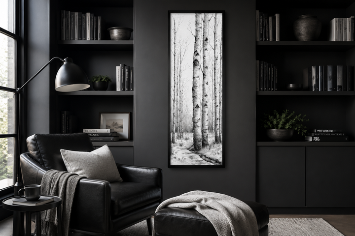 Tall narrow vertical framed canvas wall art featuring black and white birch trees in a winter scene.