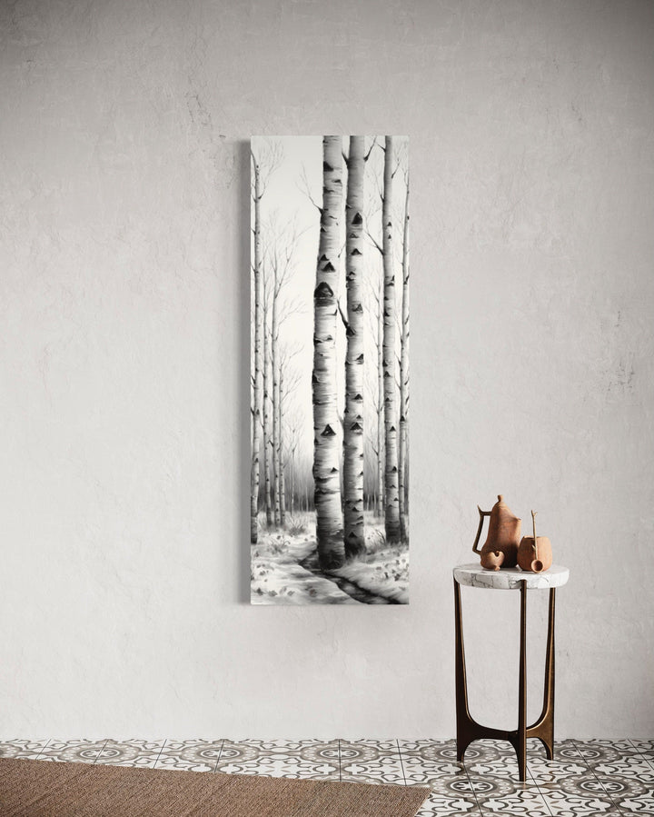 Tall Narrow Birch Trees Black White Vertical Framed Canvas Wall Art