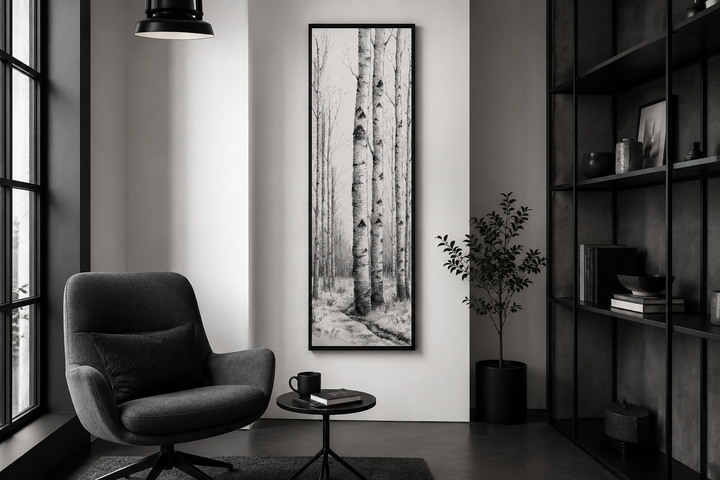 Tall narrow vertical framed canvas wall art featuring black and white birch trees in a winter scene.