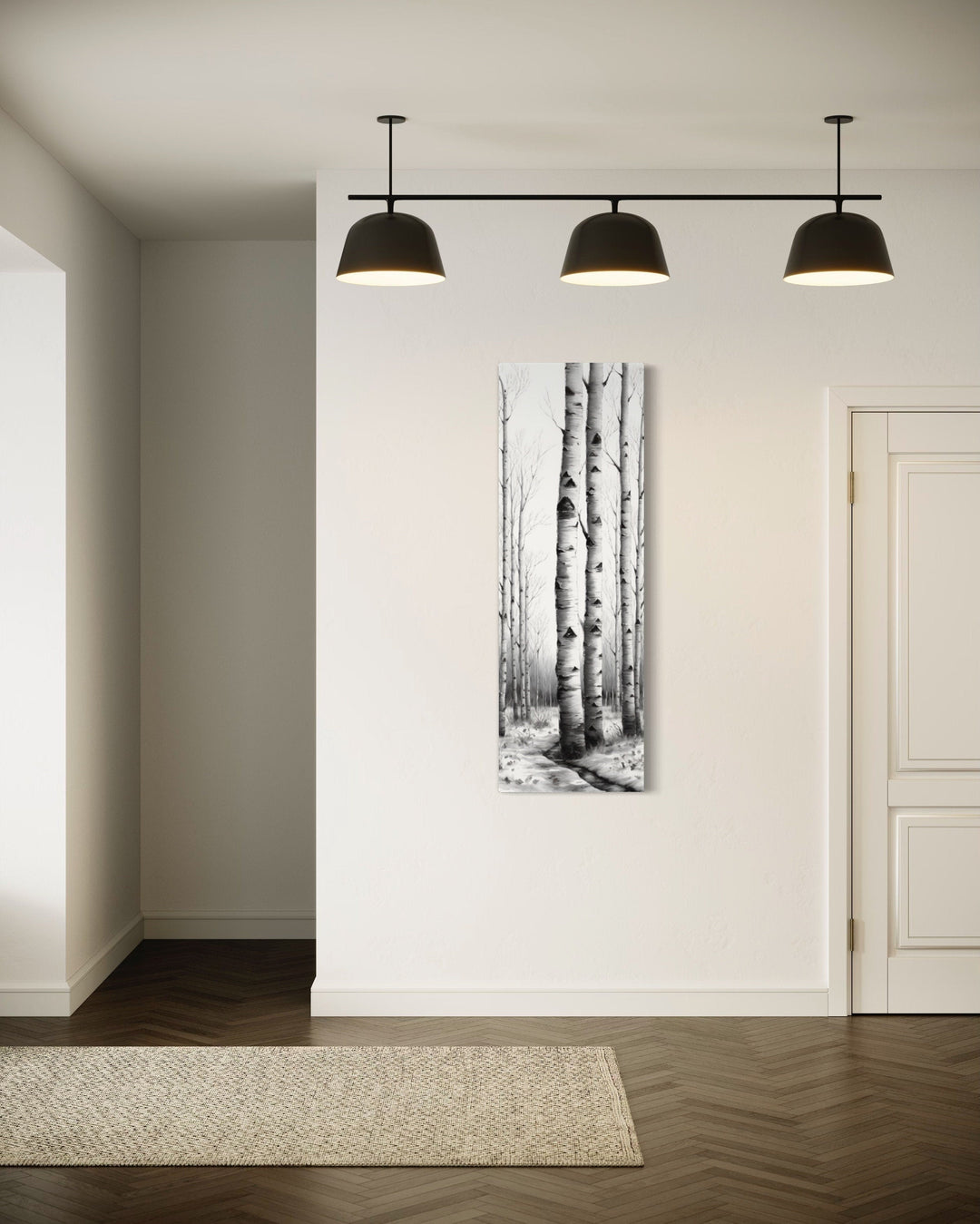 Rustic Cabin Wall Decor - Tall Narrow Birch Trees Black White Vertical Framed Canvas Wall Art