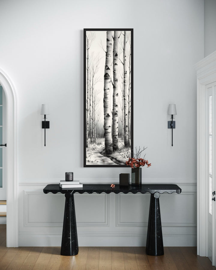 Rustic Cabin Wall Decor - Tall Narrow Birch Trees Black White Vertical Framed Canvas Wall Art