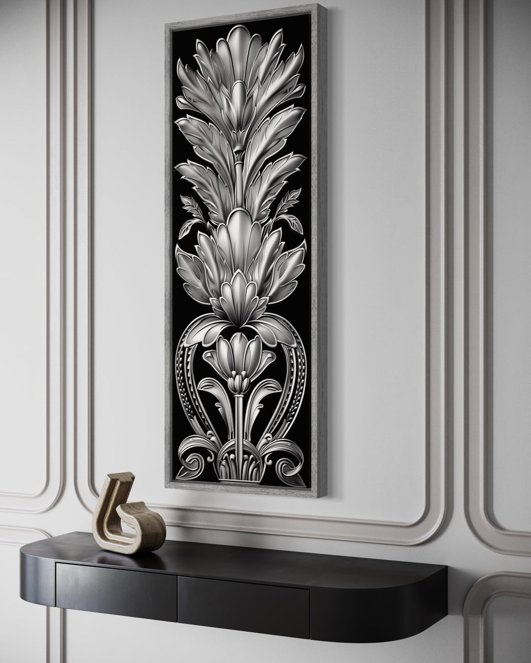 Tall Narrow Black Silver Art Deco Framed Canvas Wall Art