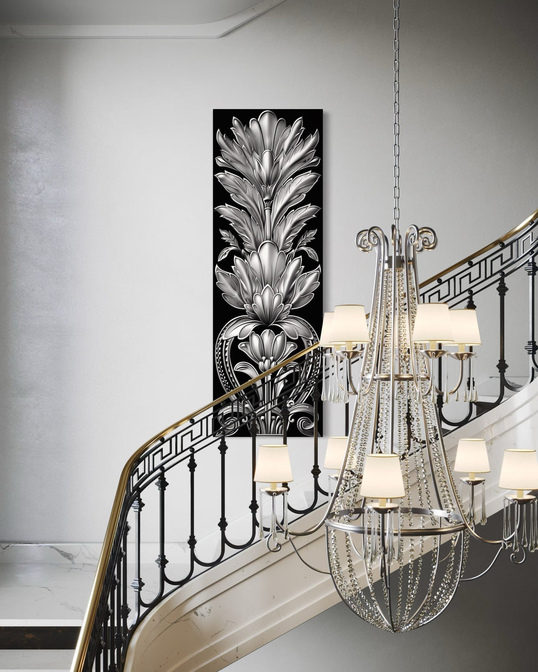 Tall Narrow Black Silver Art Deco Framed Canvas Wall Art