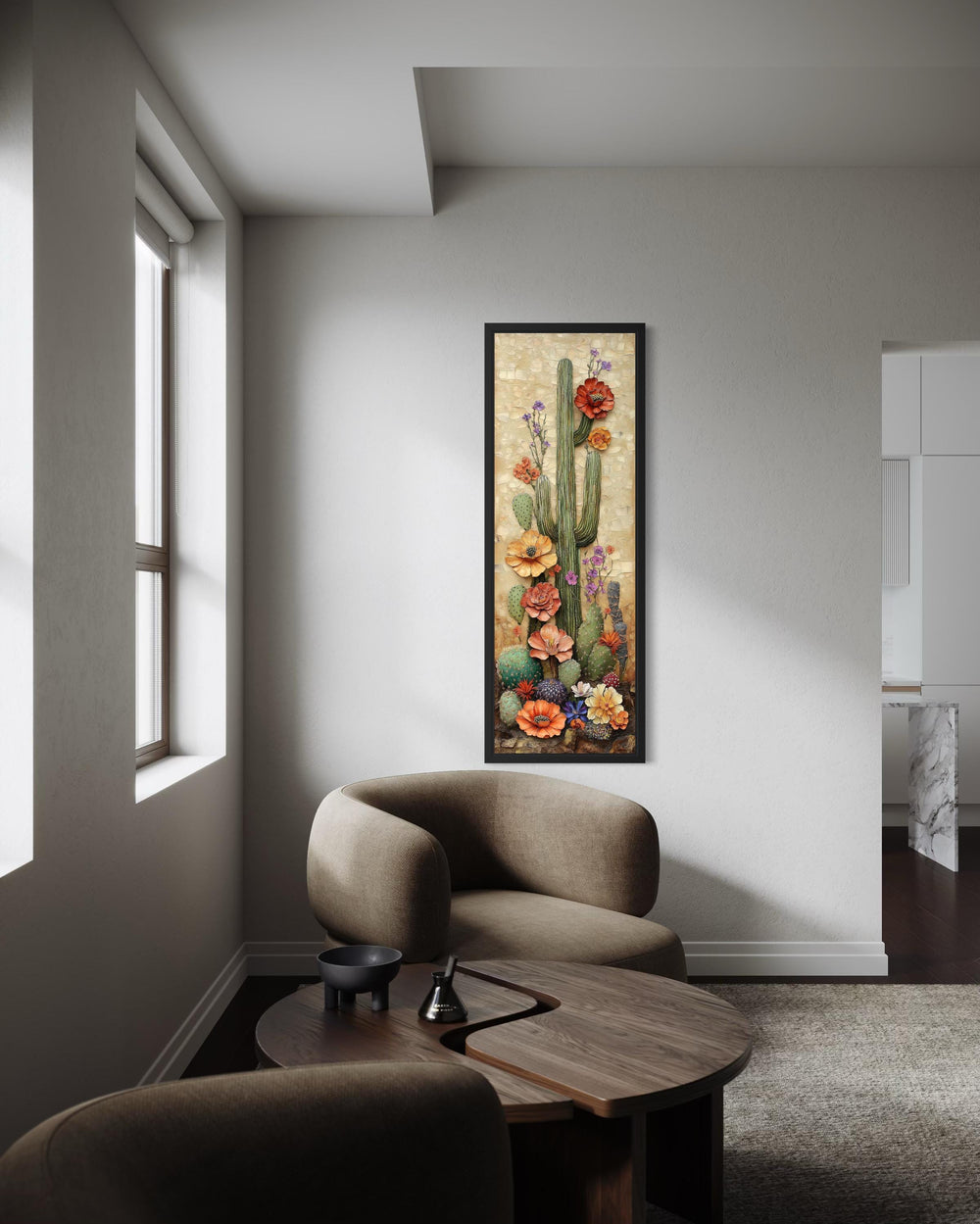 Tall Narrow Blooming Saguaro Cactus Vertical Canvas Wall Art