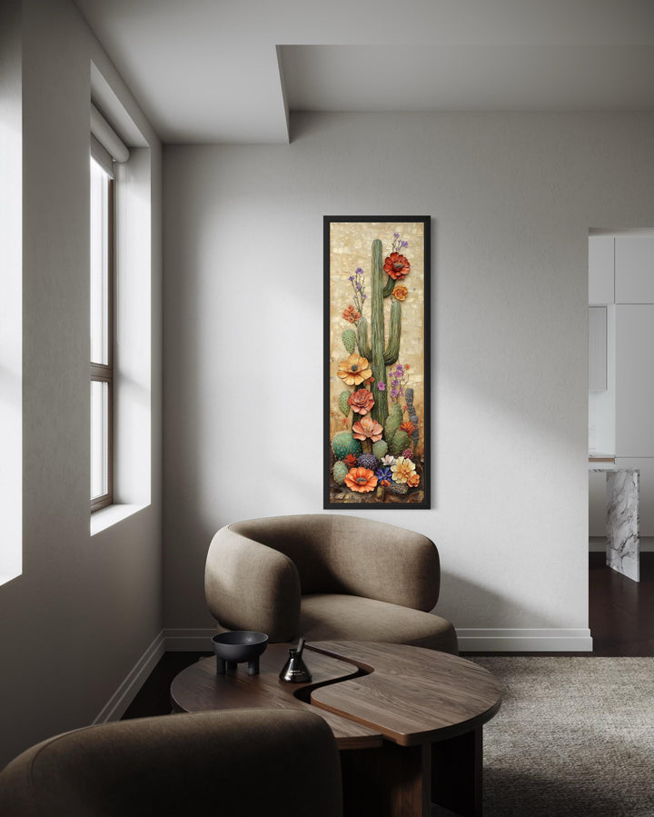 Tall Narrow Blooming Saguaro Cactus Vertical Canvas Wall Art