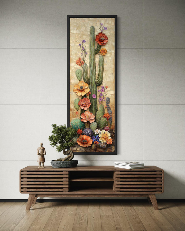 Tall Narrow Blooming Saguaro Cactus Vertical Canvas Wall Art
