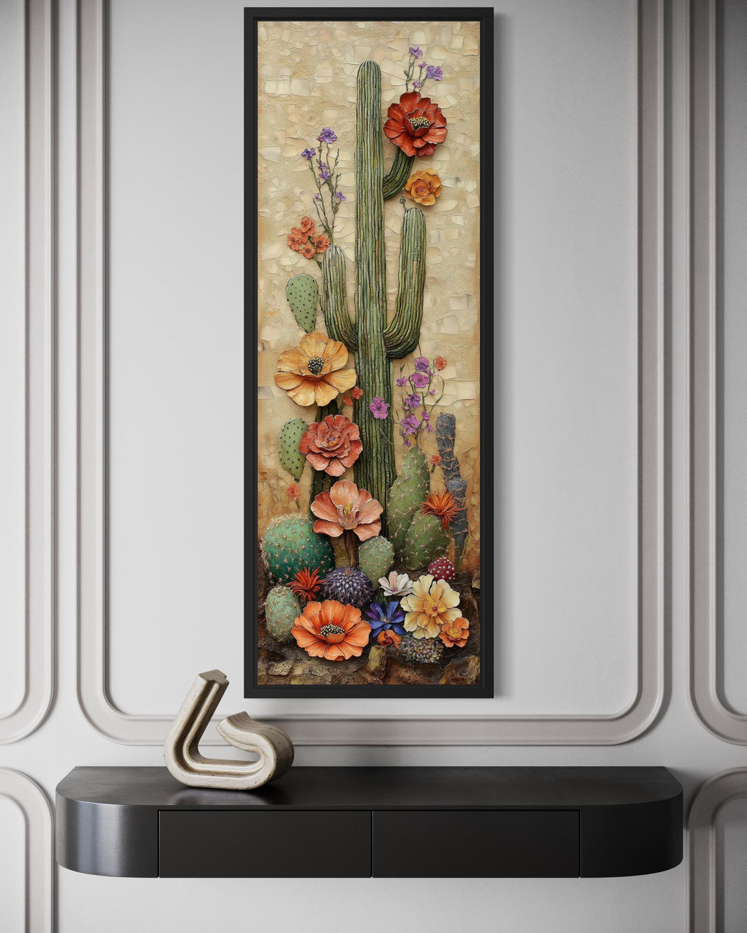 Tall Narrow Blooming Saguaro Cactus Vertical Canvas Wall Art