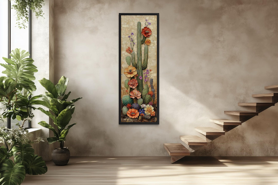 Tall Narrow Blooming Saguaro Cactus Vertical Canvas Wall Art