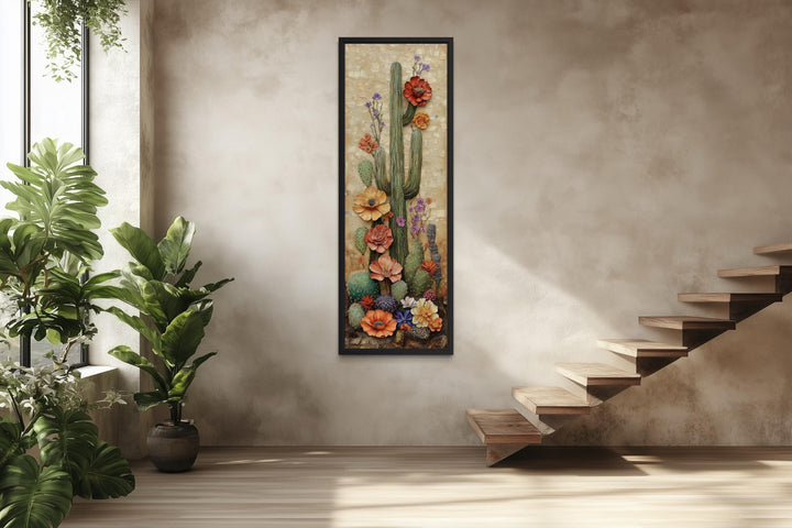 Tall Narrow Blooming Saguaro Cactus Vertical Canvas Wall Art
