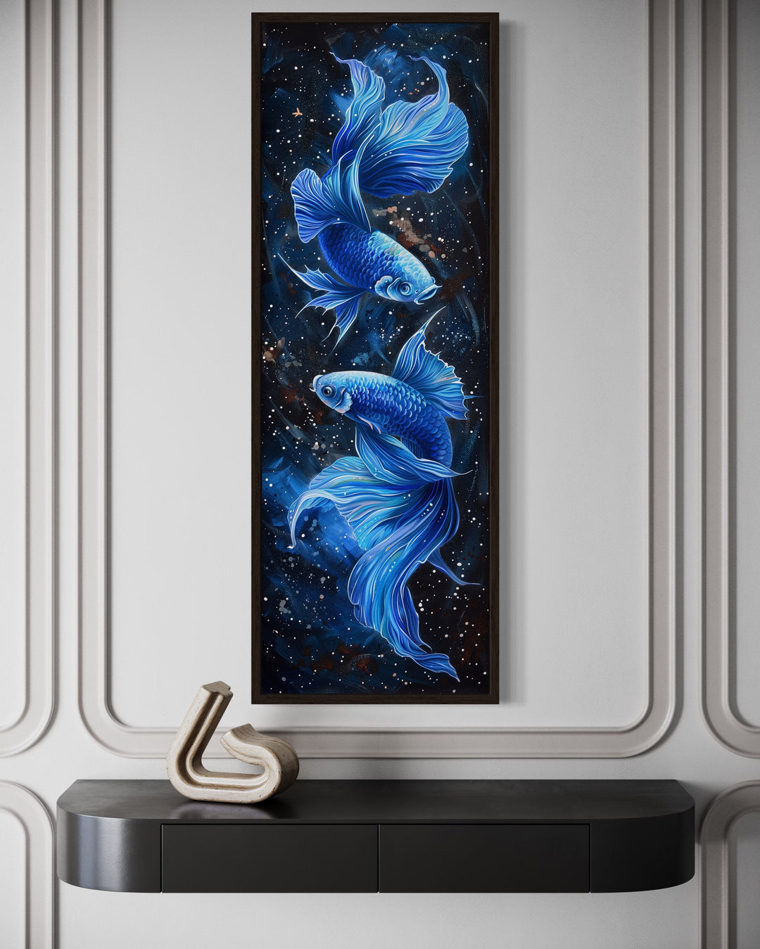 Tall Narrow Blue Betta Fish On Black Vertical Framed Canvas Wall Art