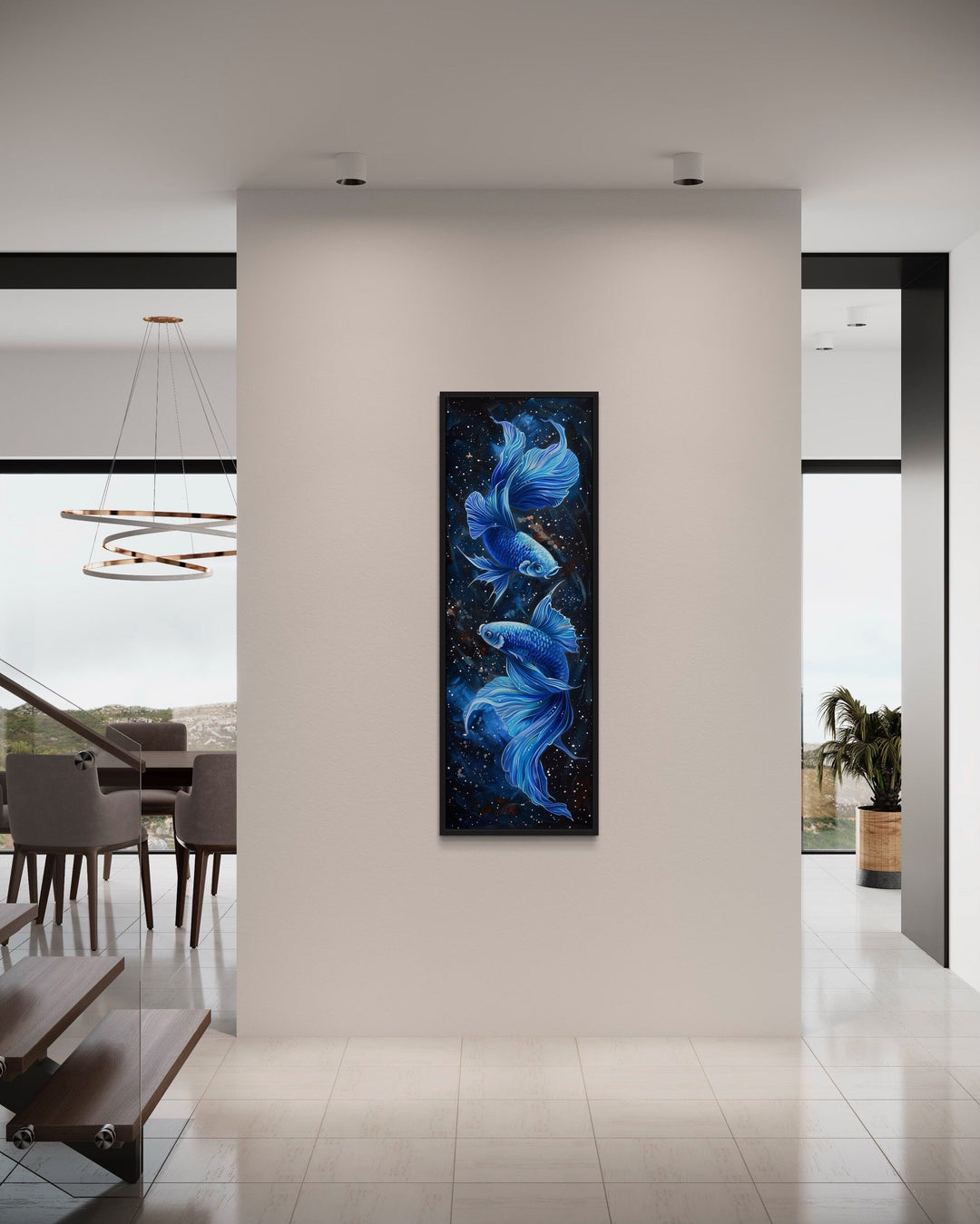 Tall Narrow Blue Betta Fish On Black Vertical Framed Canvas Wall Art