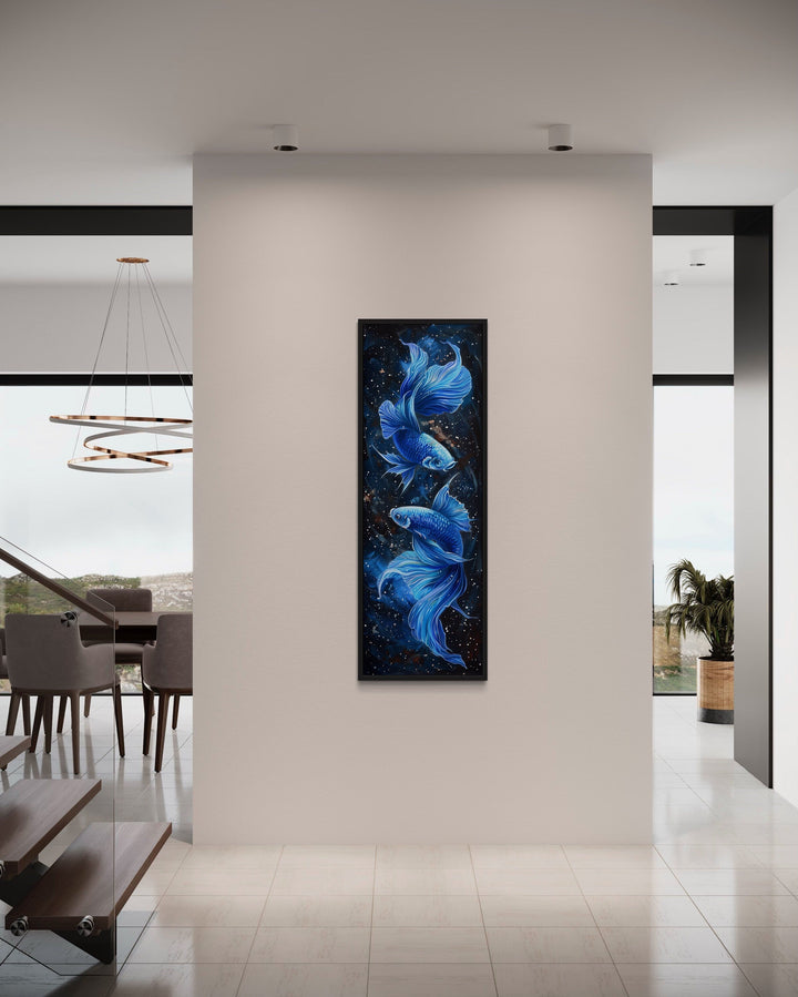 Tall Narrow Blue Betta Fish On Black Vertical Framed Canvas Wall Art