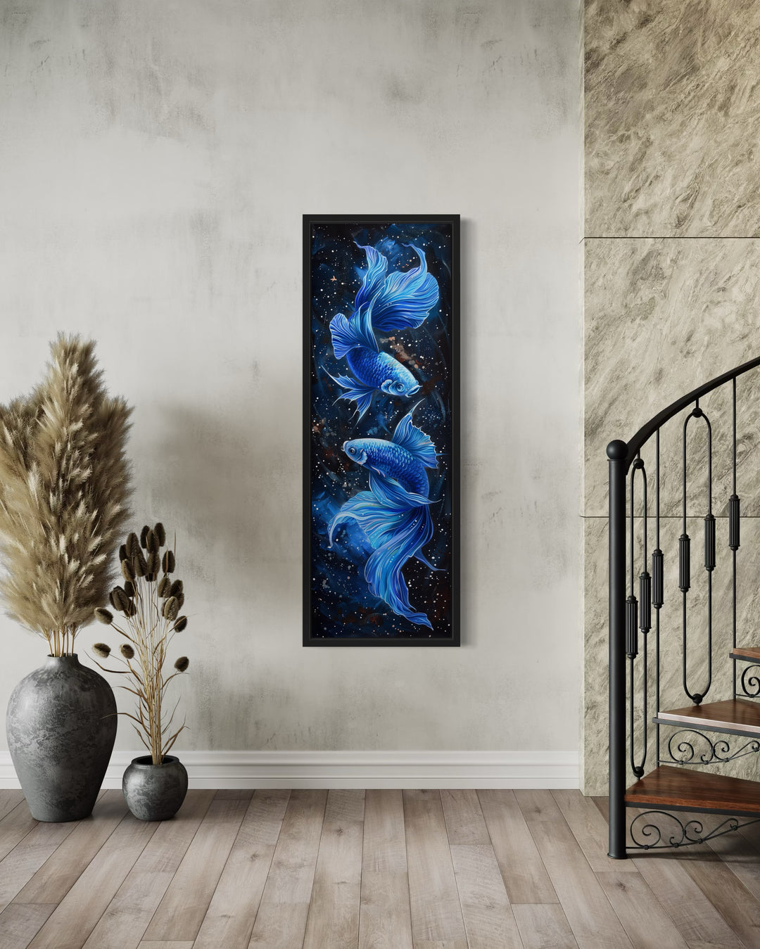 Tall Narrow Blue Betta Fish On Black Vertical Framed Canvas Wall Art