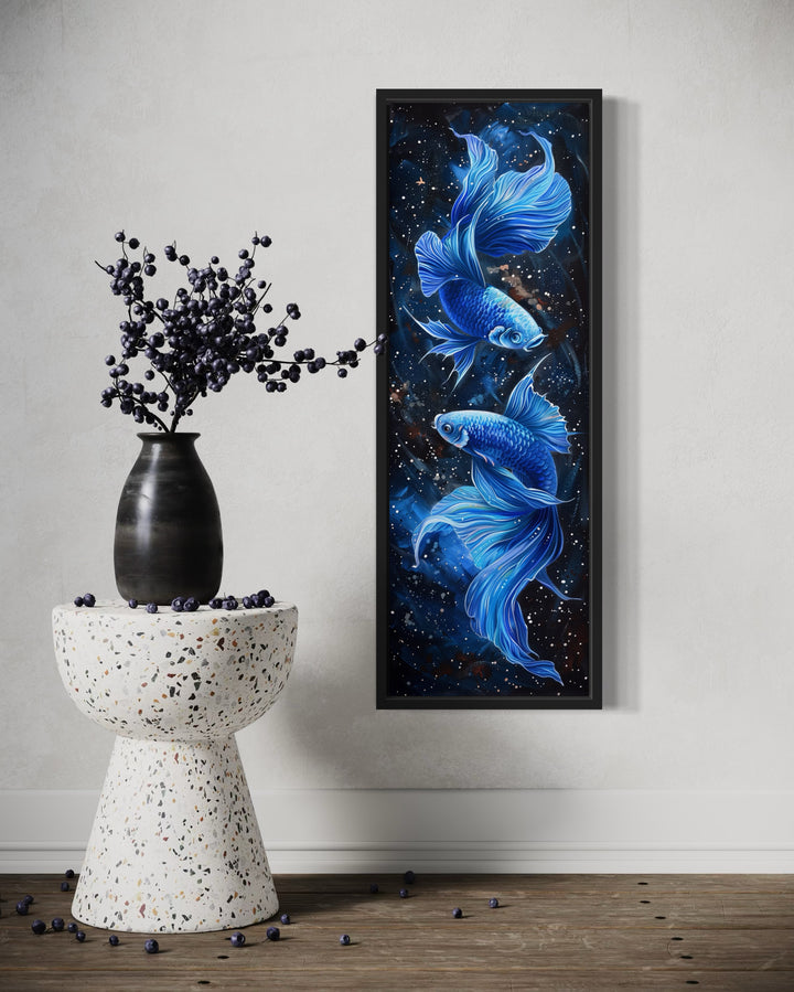 Tall Narrow Blue Betta Fish On Black Vertical Framed Canvas Wall Art