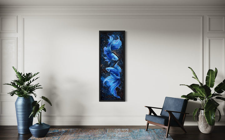 Tall Narrow Blue Betta Fish On Black Vertical Framed Canvas Wall Art