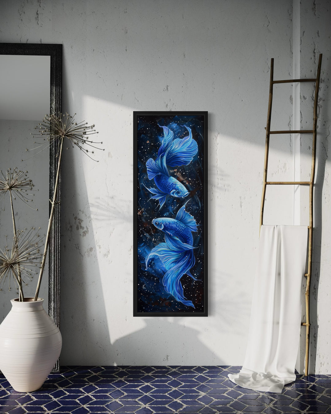 Tall Narrow Blue Betta Fish On Black Vertical Framed Canvas Wall Art