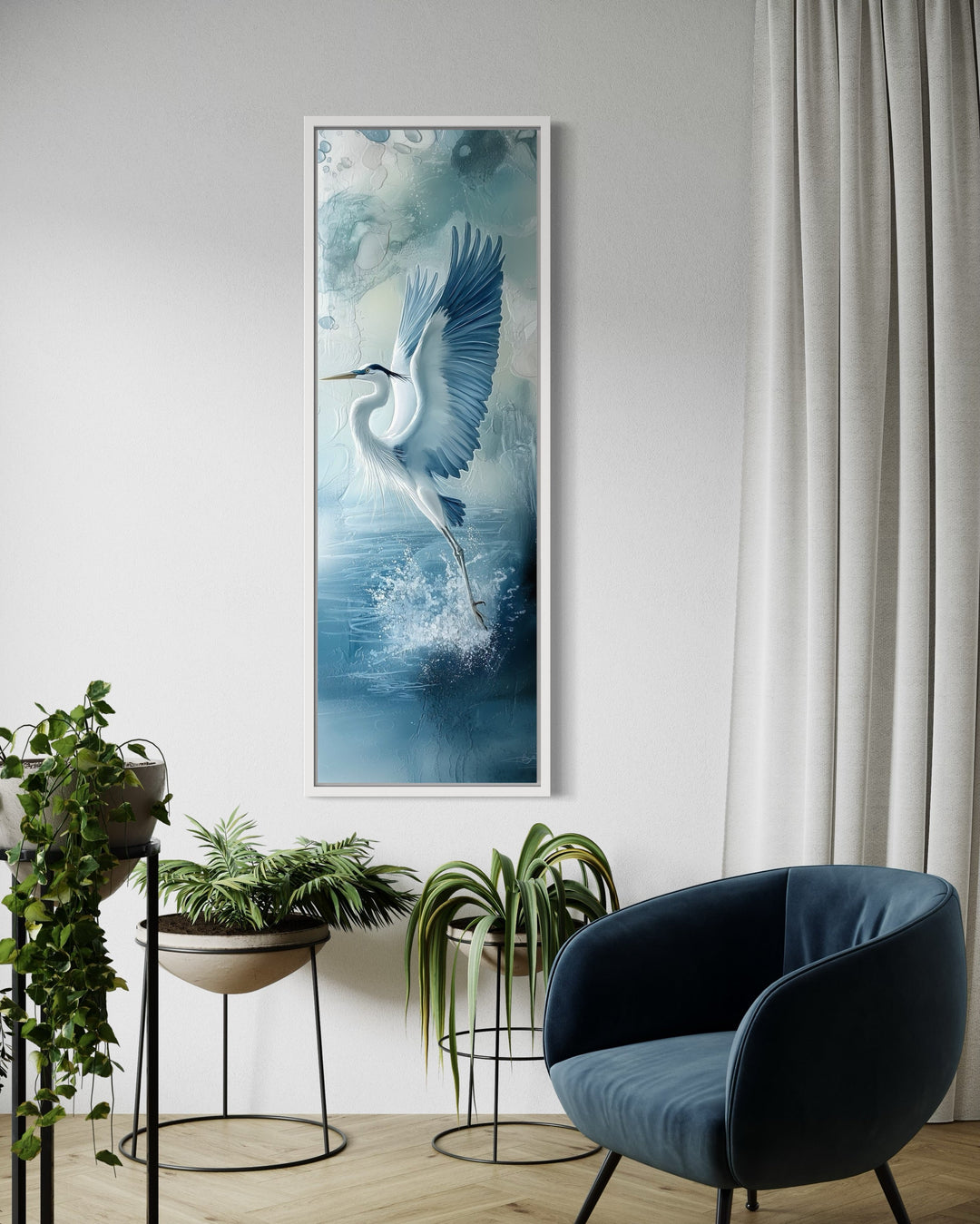 Tall Narrow Blue Heron In Flight Framed Vertical Canvas Wall Decor