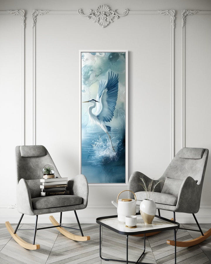 Tall Narrow Blue Heron In Flight Framed Vertical Canvas Wall Decor