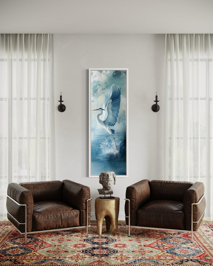 Tall Narrow Blue Heron In Flight Framed Vertical Canvas Wall Decor