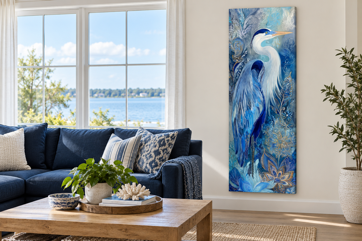 Tall narrow canvas print of a blue heron with intricate patterns in a coastal living room.