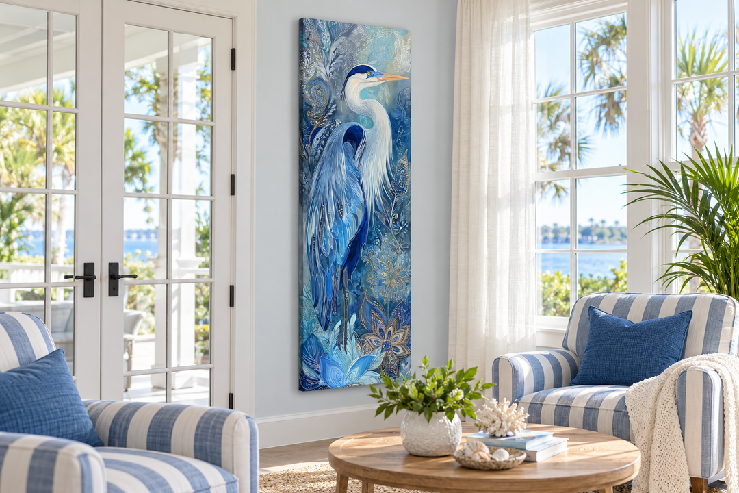 Tall narrow canvas print of a blue heron with intricate patterns in a bright coastal sunroom.