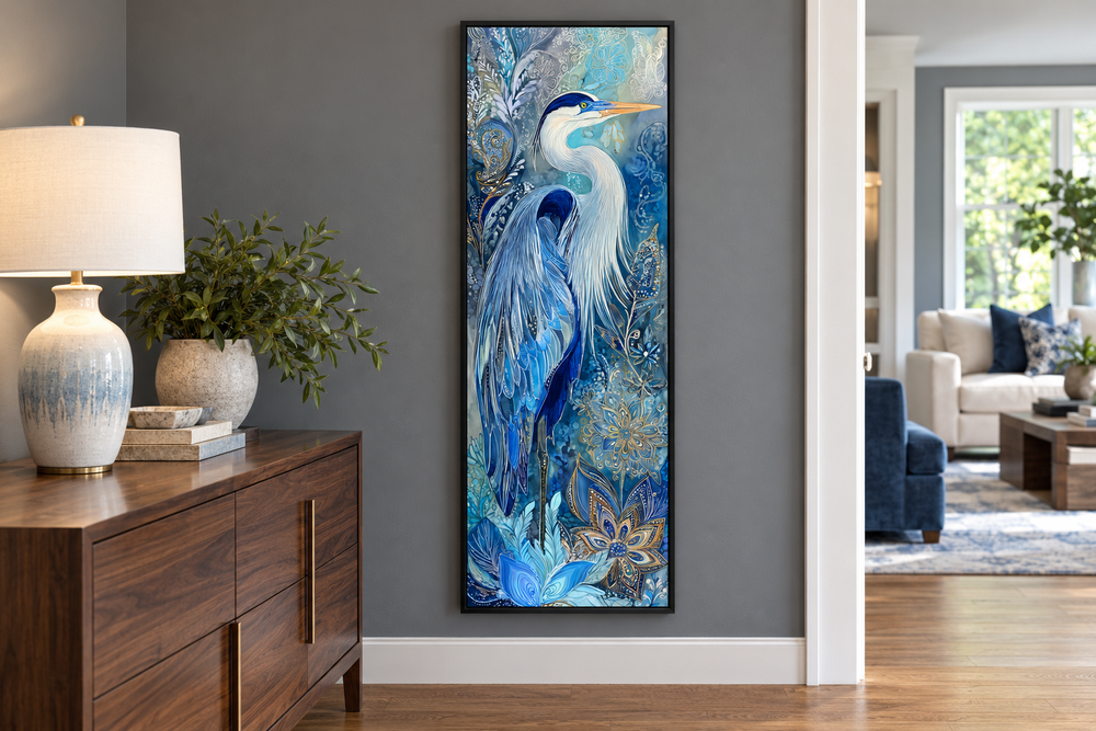 Tall narrow canvas print of a blue heron with intricate patterns in a modern grey living room.