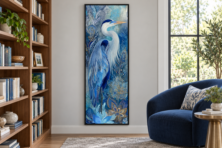 Tall narrow canvas print of a blue heron with intricate patterns in a modern living room setting.