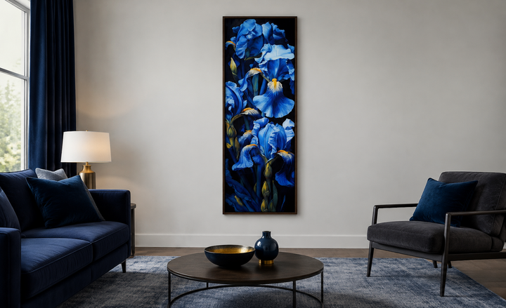 Tall narrow vertical framed canvas wall art featuring blue irises on a black background.