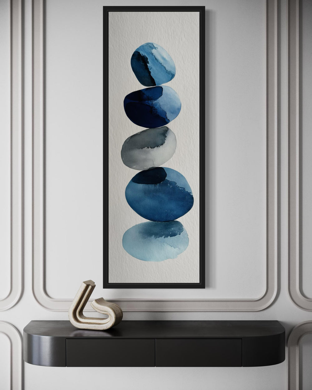 Tall Narrow Blue Pebbles Abstract Wall Art