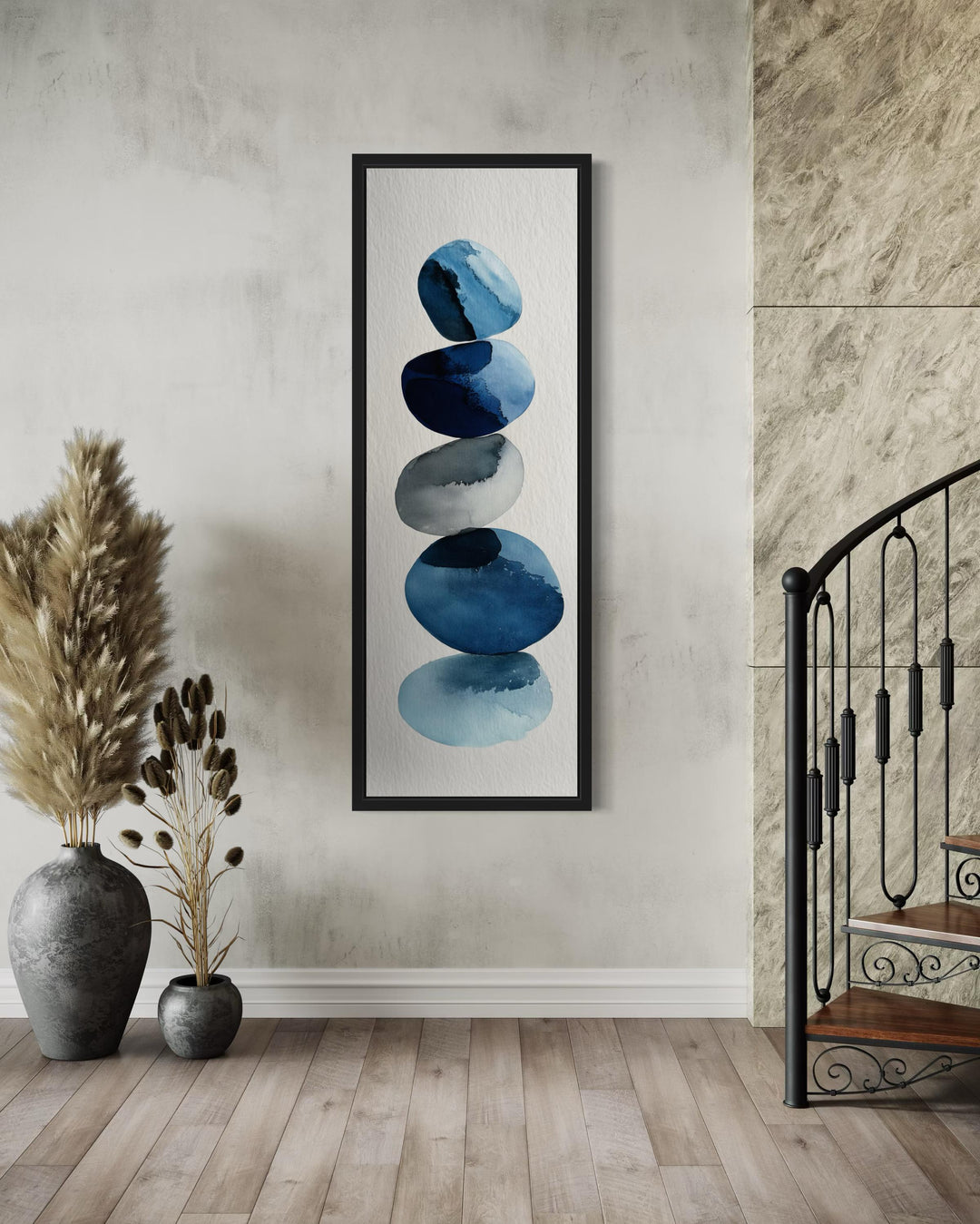 Tall Narrow Blue Pebbles Abstract Wall Art