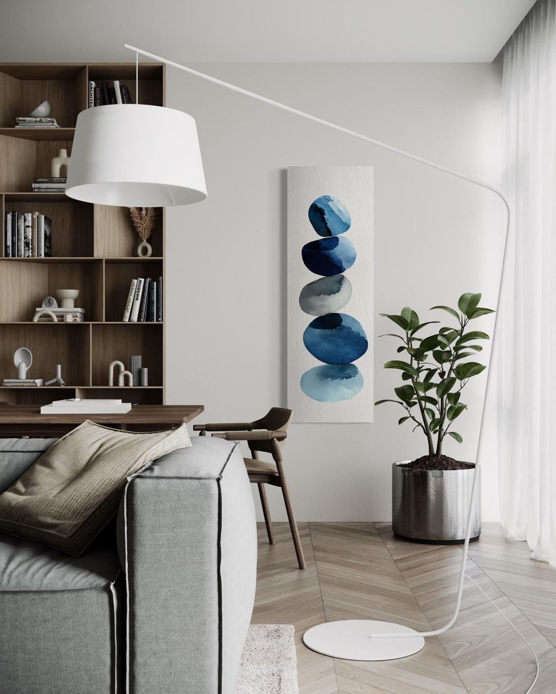 Tall Narrow Blue Pebbles Abstract Wall Art