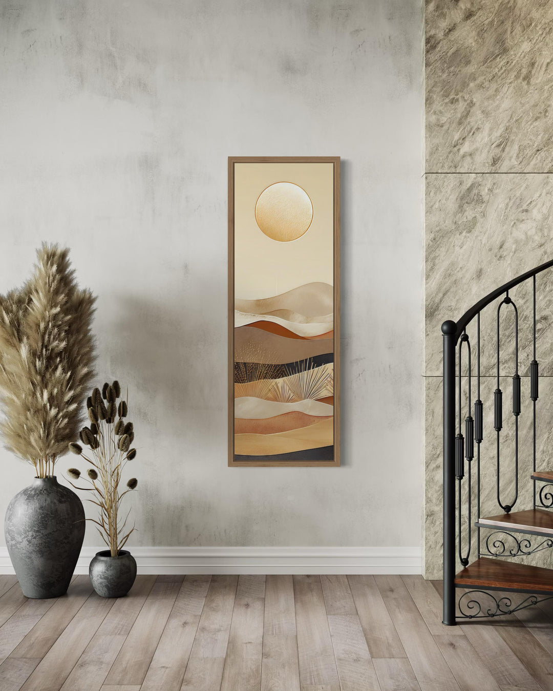 Tall narrow vertical canvas art of a boho desert landscape with a sun over layered hills.